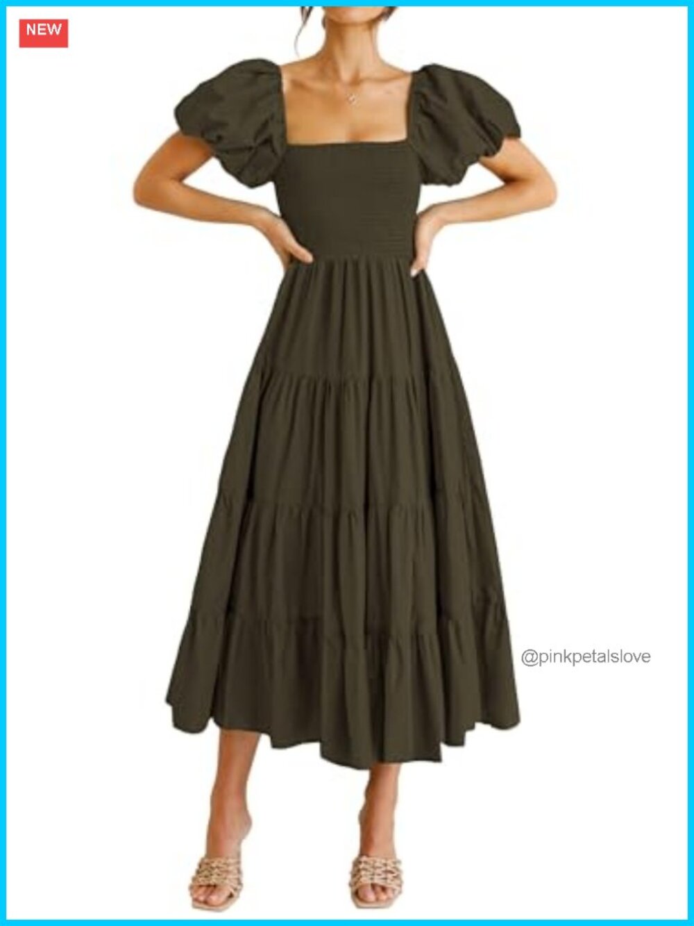 Smocked Midi Dress Square Neck Puff Sleeve Tiered Ruffle A-Line
